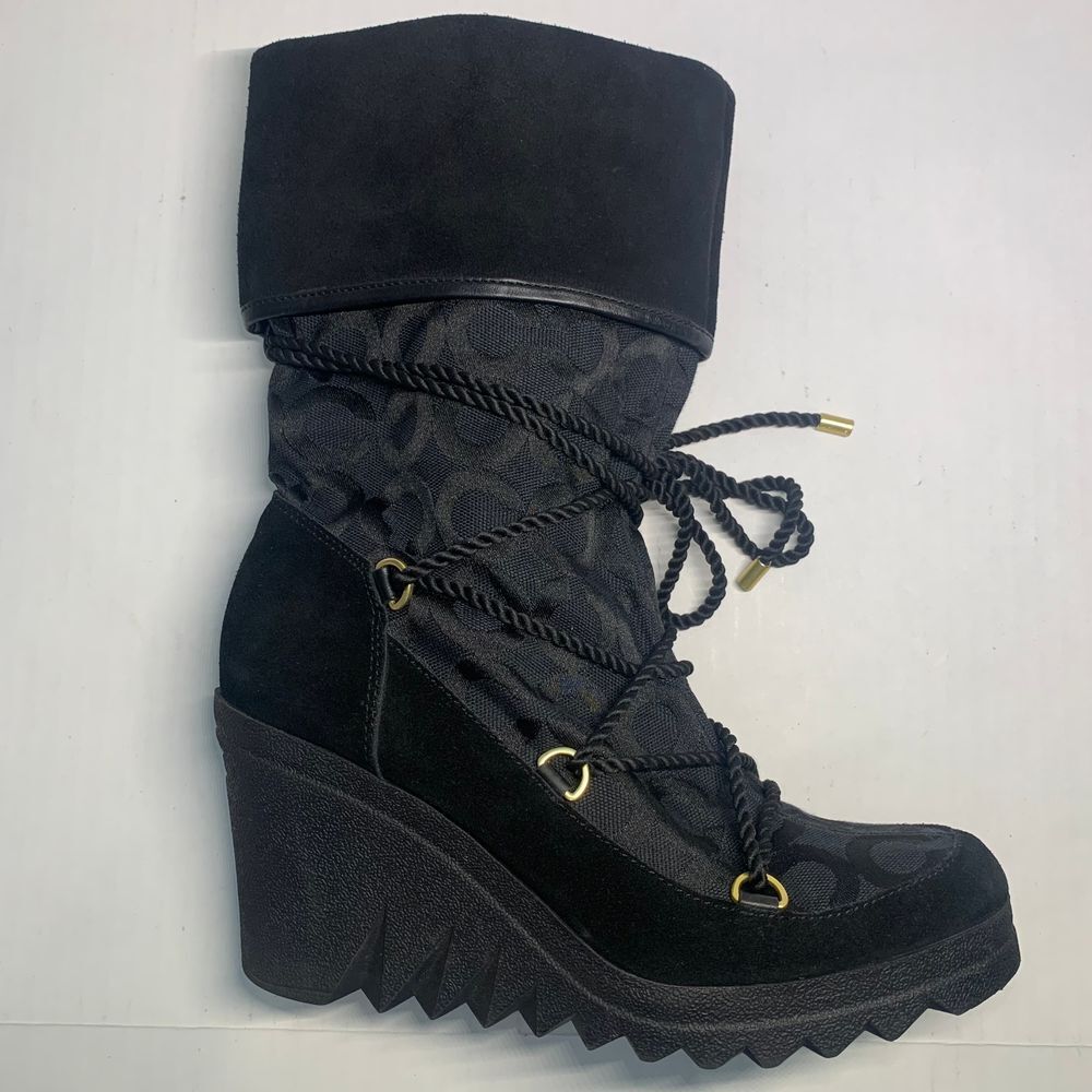 Coach Maisy Black Signature C Lace Up Wedge Boots size 8B - Picture 6 of 12